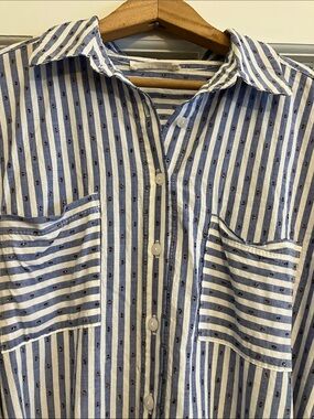 Striped Blue & White Sparkly Midi Shirt Dress with Waist Tie Made in France 🇫🇷